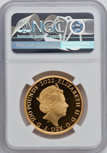 Elizabeth II gold 100 Pounds 2022 PR70  Ultra Cameo NGC, 70 NGC