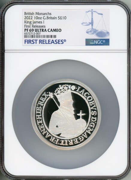 Elizabeth II 10oz silver "James I" 10 Pounds 2022 PR69 Ultra Cameo NGC. First Release 69 NGC