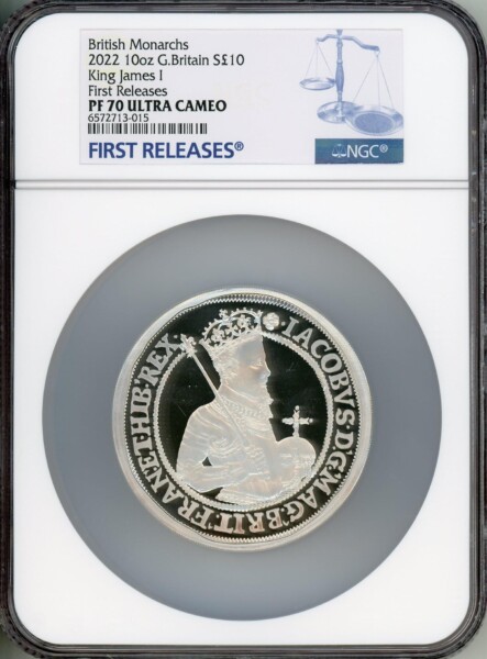 Elizabeth II 10oz silver "James I" 10 Pounds 2022 PR70 Ultra Cameo NGC. First Release 70 NGC