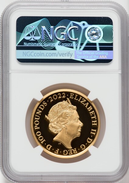 Elizabeth II gold "James I" 100 Pounds 2022 PR70 Ultra Cameo NGC. One of First 100 Struck 70 NGC