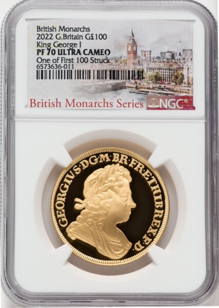 Elizabeth II gold "George I" 100 Pounds 2022 PR70 Ultra Cameo NGC. One of First 100 Struck 70 NGC