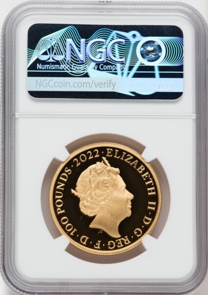 Elizabeth II gold "George I" 100 Pounds 2022 PR70 Ultra Cameo NGC. One of First 100 Struck 70 NGC