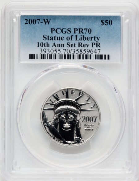 2007-W $50 Half-Ounce Platinum, Reverse Proof, 10th Anniversary, PR 70 PCGS
