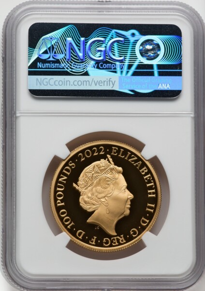 .Elizabeth II gold "George I" 100 Pounds 2022 PR70 Ultra Cameo NGC. One of First 100 Struck 70 NGC
