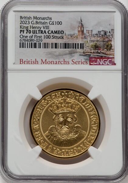 Charles III gold Proof "King Henry VIII" 100 Pounds (1 oz) 2023 PR70  Ultra Cameo NGC, 70 NGC