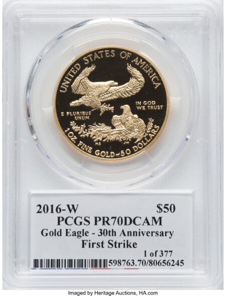 2016-W $50 One-Ounce Gold Eagle, 30th Anniversary, First Strike, Moy Signature, PR, DC 70 PCGS
