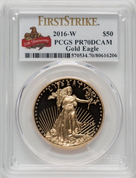 2016-W $50 One-Ounce Gold Eagle, 30th Anniversary, First Strike, PR, DC 70 PCGS