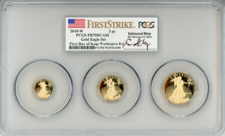 2018-W 3 pc Gold Eagle Set, First Day of Issue, Moy, Washington D.C., DC 70 PCGS