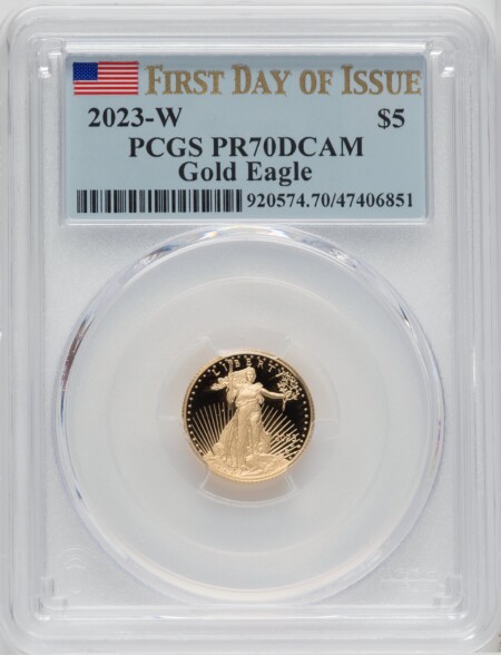 2023-W $5 Tenth Ounce Gold Eagle, First Day of Issue, PR, DC 70 PCGS