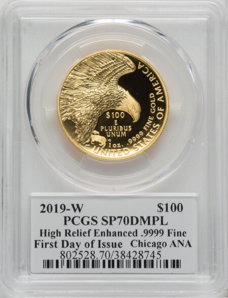 2019-W $100 High Relief Enhanced, First Day of Issue, Cleveland Bell, SP, DMPL 70 PCGS