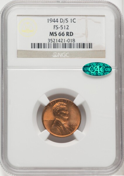 1944-D/S 1C FS-512, MS, RD CAC 66 NGC