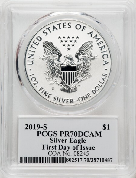 2019-S S$1 Silver Eagle, First Day of Issue, Thomas Cleveland Art Deco, DC 70 PCGS