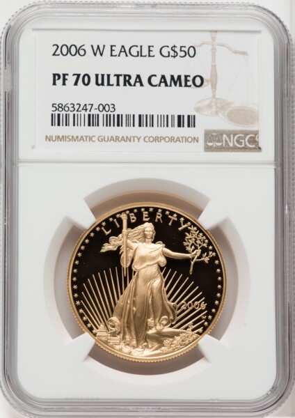2006-W $50 One-Ounce Gold Eagle, 20th Anniversary, DC Brown Label 70 NGC