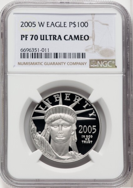 2005-W $100 One-Ounce Platinum Eagle, Statue of Liberty, PR, DC Brown Label 70 NGC