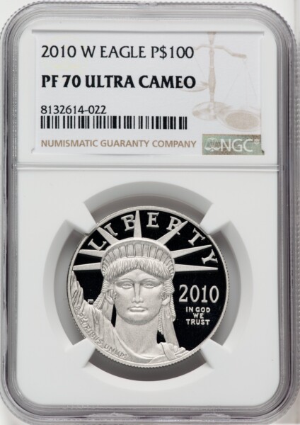 2010-W $100 One-Ounce Platinum Eagle, Statue of Liberty, PR, DC Brown Label 70 NGC