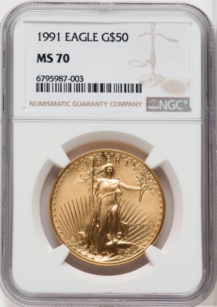 1991 G$50 One-Ounce Gold Eagle, MS Brown Label 70 NGC