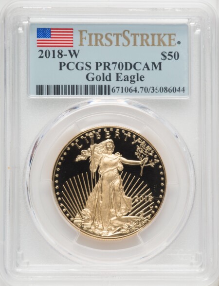 2018-W $50 One Ounce Gold Eagle, First Strike, DC Mike Castle 70 PCGS