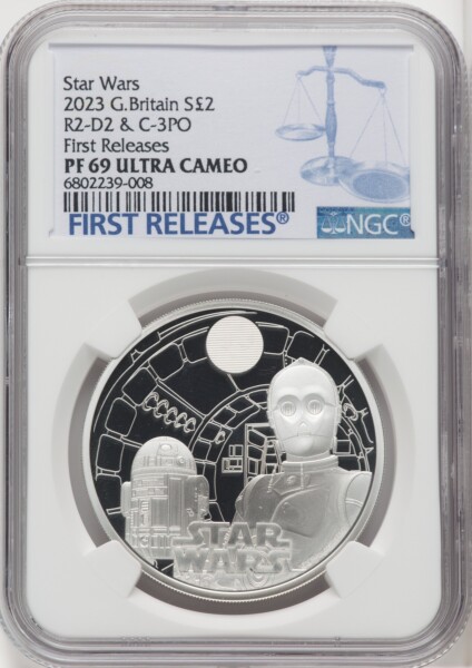 Charles III silver Proof "R2-D2 & C-3PO" 2 Pounds (1 oz) 2023 PR69  Ultra Cameo NGC, 69 NGC