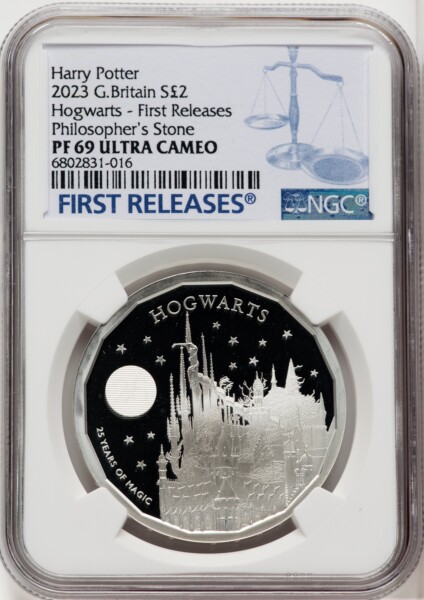 Charles III silver Proof "Hogwarts" 2 Pounds (1 oz) 2023 PR69  Ultra Cameo NGC, 69 NGC