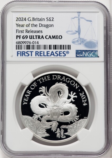Charles III silver Proof “Year of the Dragon” 2 Pounds (1 oz) 2024 PR69  Ultra Cameo NGC, 69 NGC
