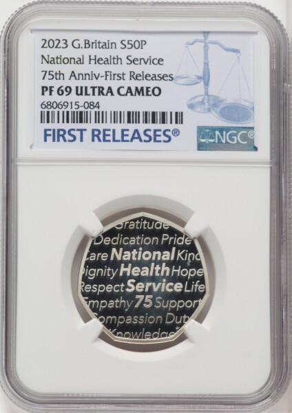 Charles III silver Proof "National Health Service - 75th Anniversary" 50 Pence 2023 PR69  Ultra Cameo NGC, 69 NGC