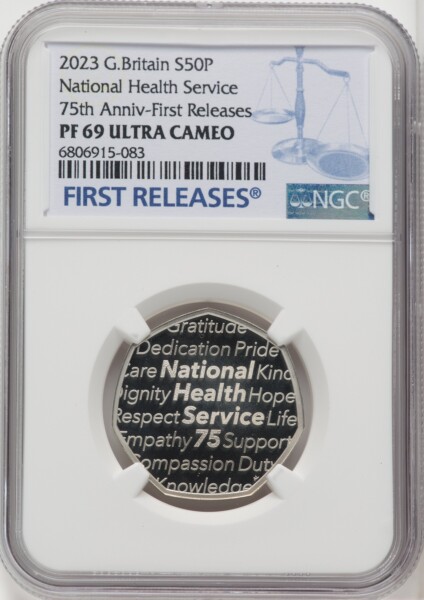 Charles III silver Proof "National Health Service - 75th Anniversary" 50 Pence 2023 PR69  Ultra Cameo NGC, 69 NGC
