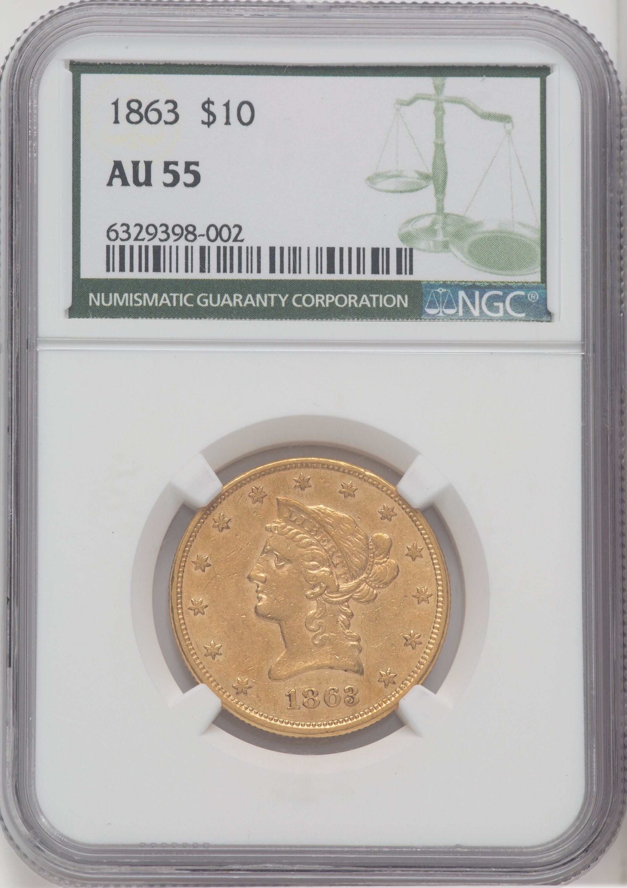 1863 $10 Green Label 55 NGC