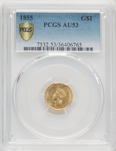 1855 G$1 Type Two, MS PCGS Secure 53 PCGS