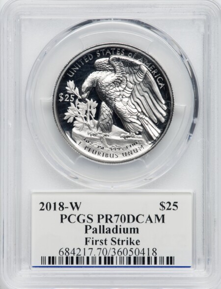 2018-W $25 Palladium, First Strike, Moy, DC 70 PCGS