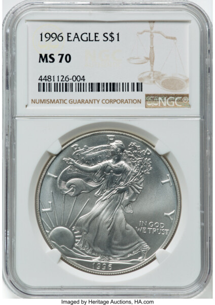 1996 S$1 Silver Eagle, MS Brown Label 70 NGC