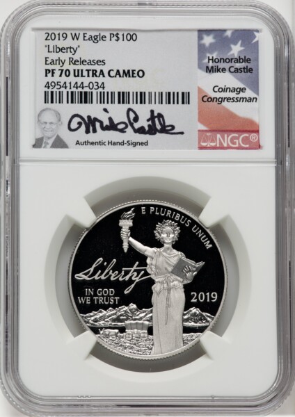 2019-W $100 One-Ounce Platinum Eagle, Liberty, First Strike, PR, DC Mike Castle 70 NGC