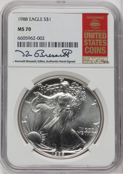 1988 S$1 Silver Eagle, MS Kenneth Bressett Red Book 70 NGC