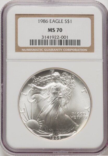 1986 S$1 Silver Eagle, MS Brown Label 70 NGC