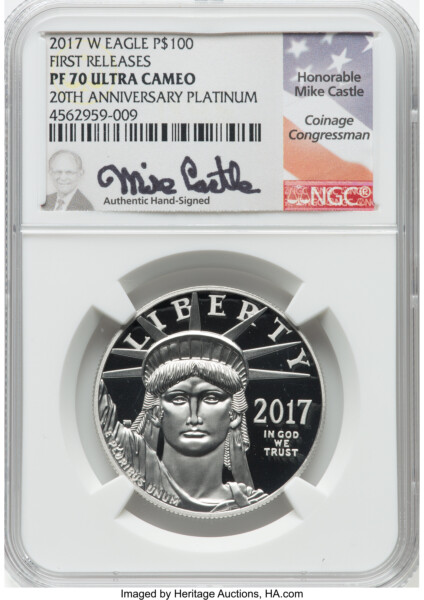 2017-W $100 One-Ounce Platinum Eagle, Statue of Liberty, 20th Anniversary, DC 70 NGC