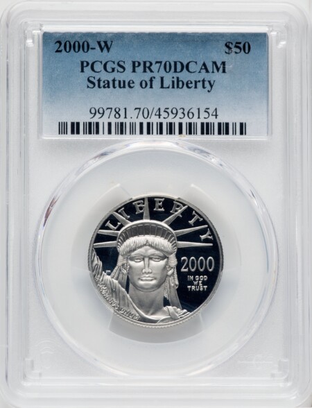 2000-W $50 Half-Ounce Platinum Eagle, Statue of Liberty, PR, DC Blue Gradient 70 PCGS