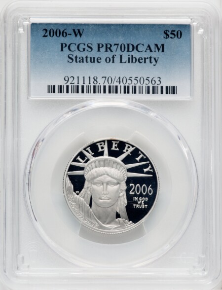2006-W $50 Half-Ounce Platinum Eagle, Statue of Liberty, PR, DC Blue Gradient 70 PCGS