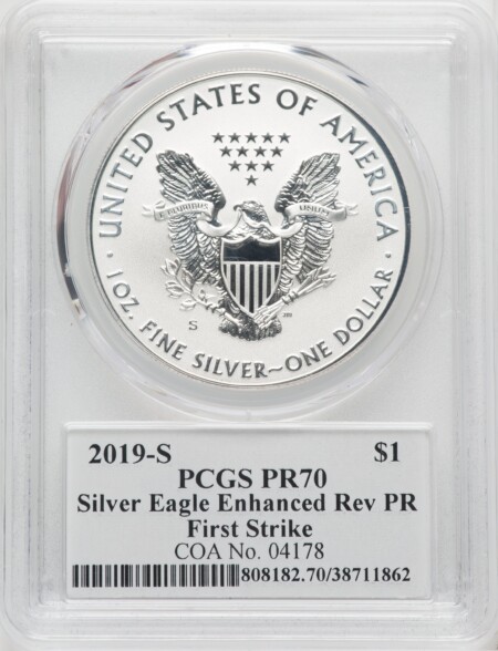 2019-S S$1 Silver Eagle Enhanced Reverse Proof, FS, Mercanti Flag, PR 70 PCGS