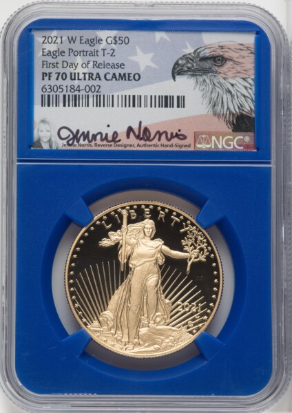 2021-W G$50 One Ounce Gold Eagle, Type Two, FDI, DC Brown Label 70 NGC
