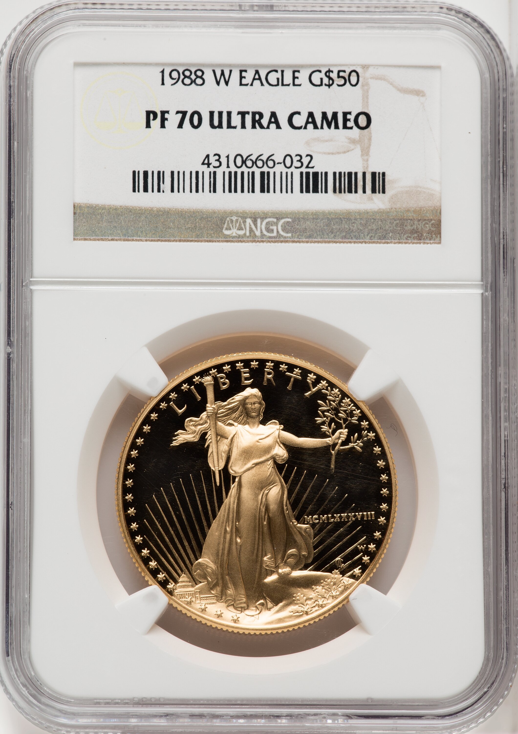 1988-W $50 One-Ounce Gold Eagle, PR DC Brown Label 70 NGC