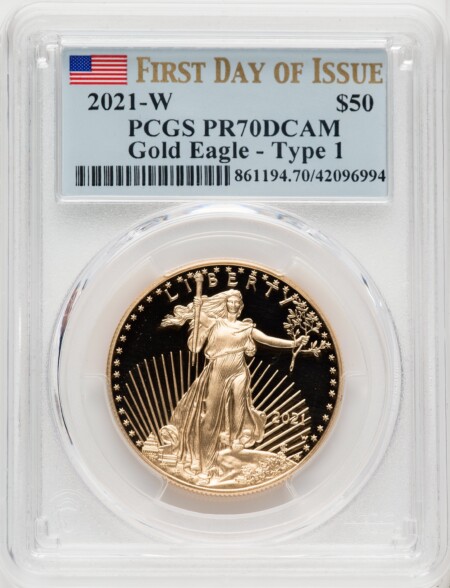 2021-W $50 One Ounce Gold Eagle, Type One, First Day of Issue, DC FDI Flag 70 PCGS