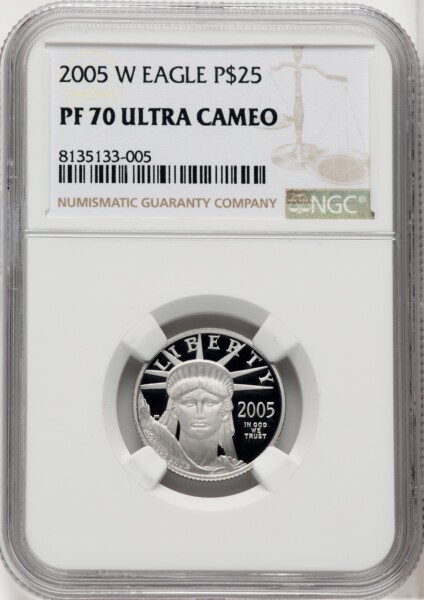 2005-W $25 Quarter-Ounce Platinum Eagle, Statue of Liberty, PR, DC Brown Label 70 NGC