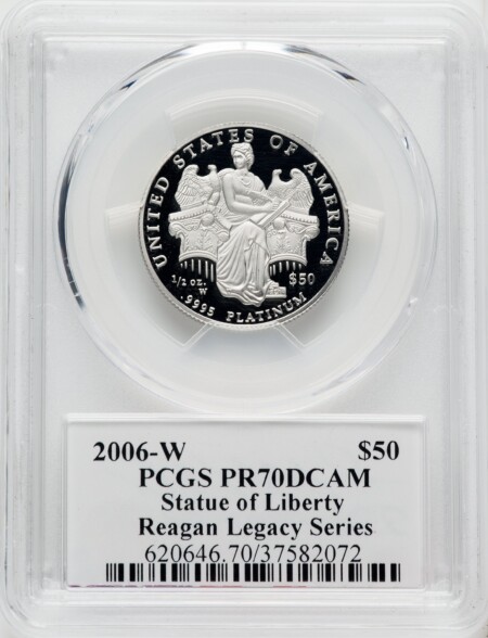 2006-W $50 Half-Ounce Platinum Eagle, Statue of Liberty, Michael Reagan, PR, DC 70 PCGS