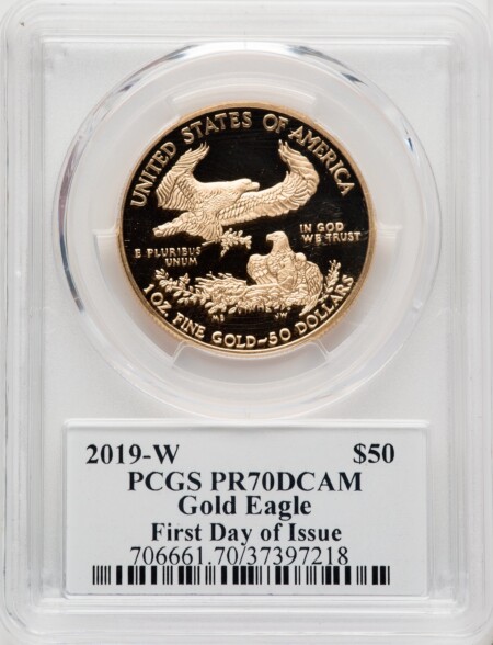 2019-W $50 One-Ounce Gold Eagle, First Day of Issue, Moy Signature, PR, DC 70 PCGS