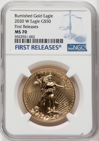 2020-W $50 One Ounce Gold Eagle, Burnished, First Strike, SP FR Blue 70 NGC
