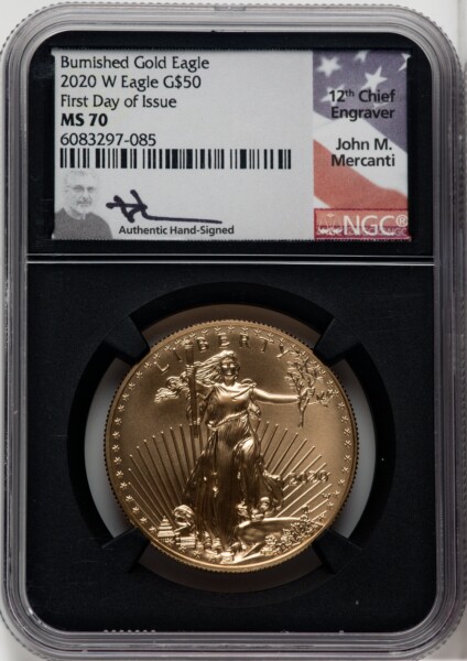 2020-W $50 One Ounce Gold Eagle, Burnished, First Day of Issue, SP 70 NGC