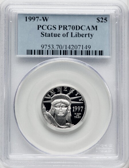 1997-W $25 Quarter-Ounce Platinum Eagle, Statue of Liberty, PR, DC Blue Gradient 70 PCGS