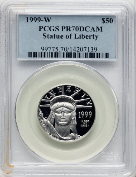 1999-W $50 Half-Ounce Platinum Eagle, Statue of Liberty, PR, DC Blue Gradient 70 PCGS