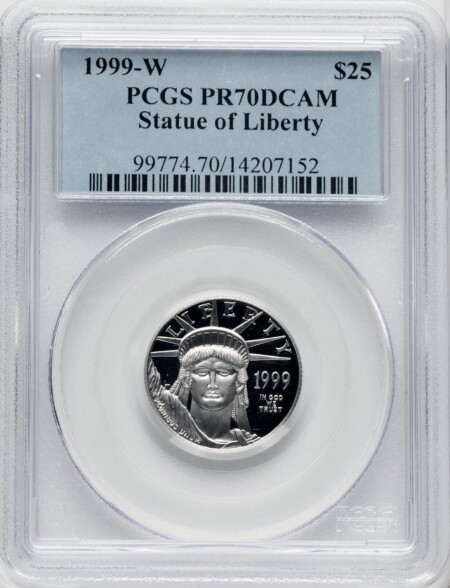 1999-W $25 Quarter-Ounce Platinum Eagle, Statue of Liberty, PR, DC Blue Gradient 70 PCGS