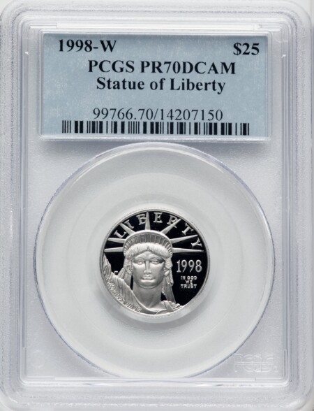 1998-W $25 Quarter-Ounce Platinum Eagle, Statue of Liberty, PR, DC Blue Gradient 70 PCGS