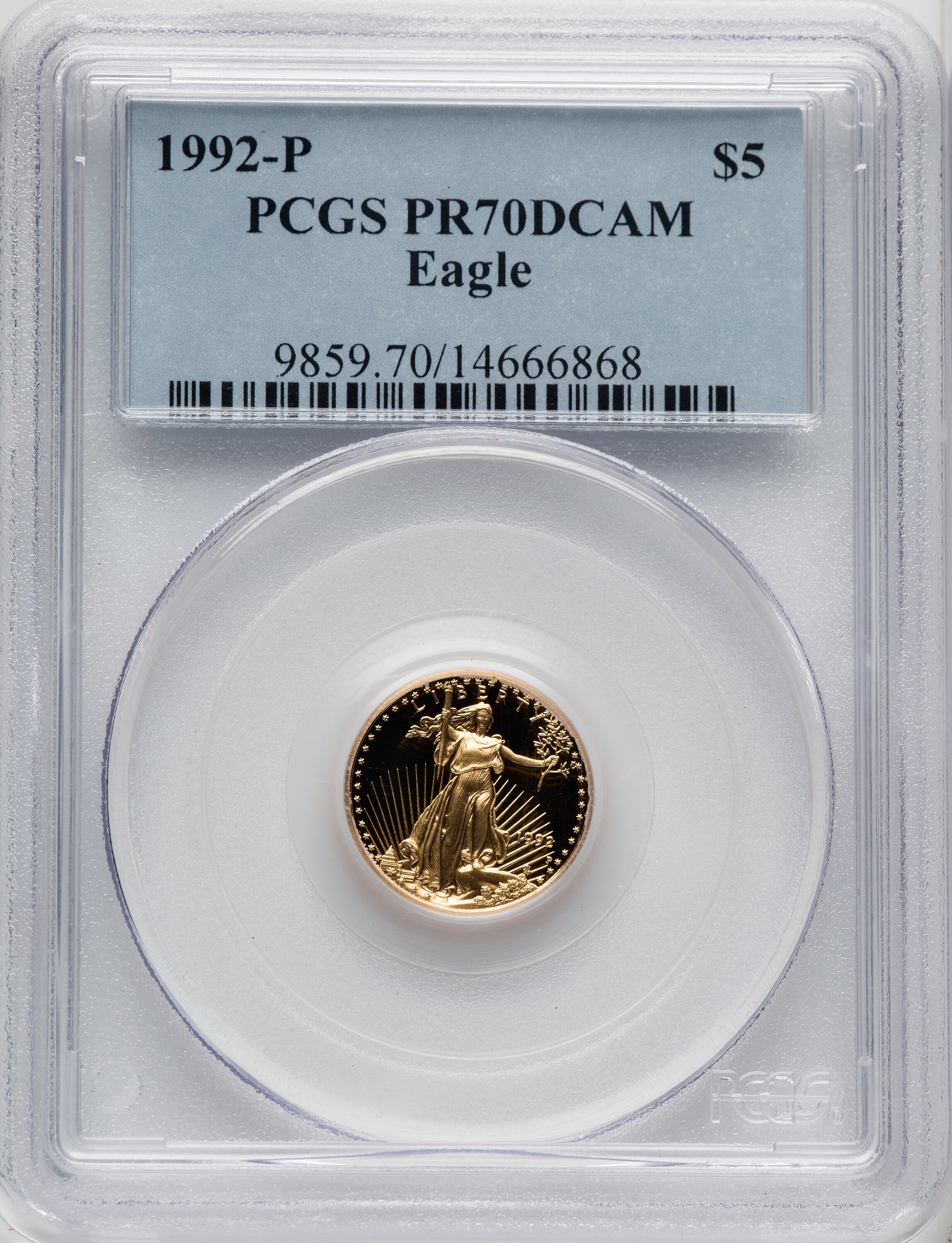 1992-P $5 Tenth-Ounce Gold Eagle, DC Blue Gradient 70 PCGS